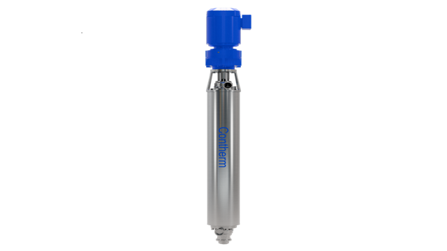 Vertical Alfa Laval Contherm HP scraped surface heat exchanger with blue motor and stainless steel cylindrical body